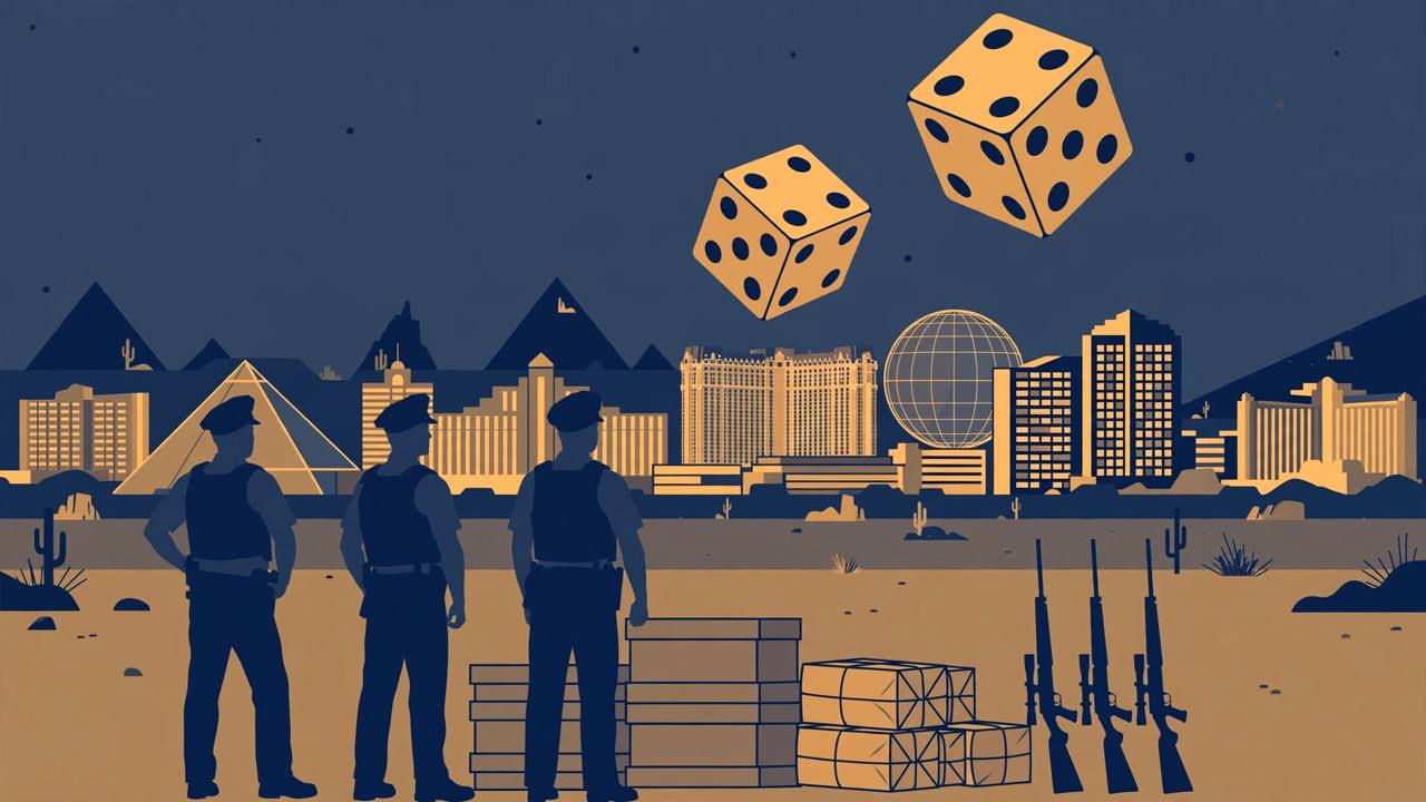 Editorial illustration of the Las Vegas skyline at night with two tumbling dice in the sky, silhouetted officers standing beside stacked evidence crates, wrapped bundles and upright rifles in the desert foreground