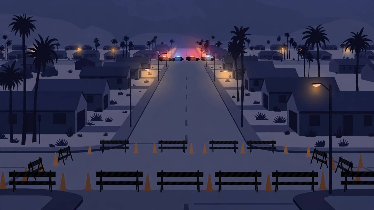 Editorial illustration of a closed residential street intersection in Las Vegas at night with distant police vehicles and palm trees, flat style, no real person, no text
