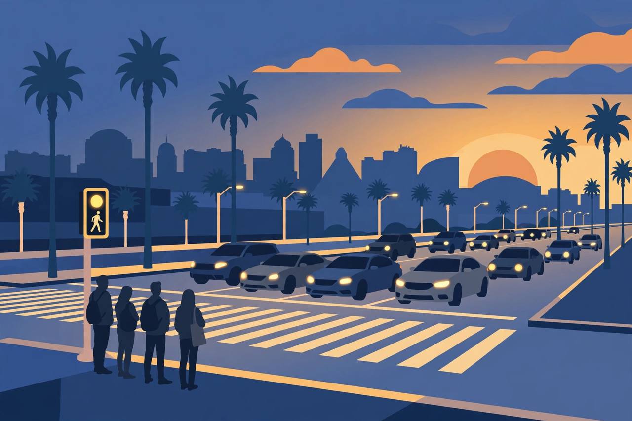 Editorial illustration of a wide Las Vegas boulevard at dusk with generic pedestrians at a lit crosswalk and cars slowing down
