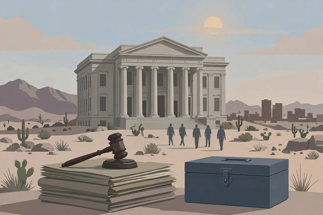 Editorial illustration of a desert courthouse with a gavel on a stack of case files and a closed cash box in the foreground