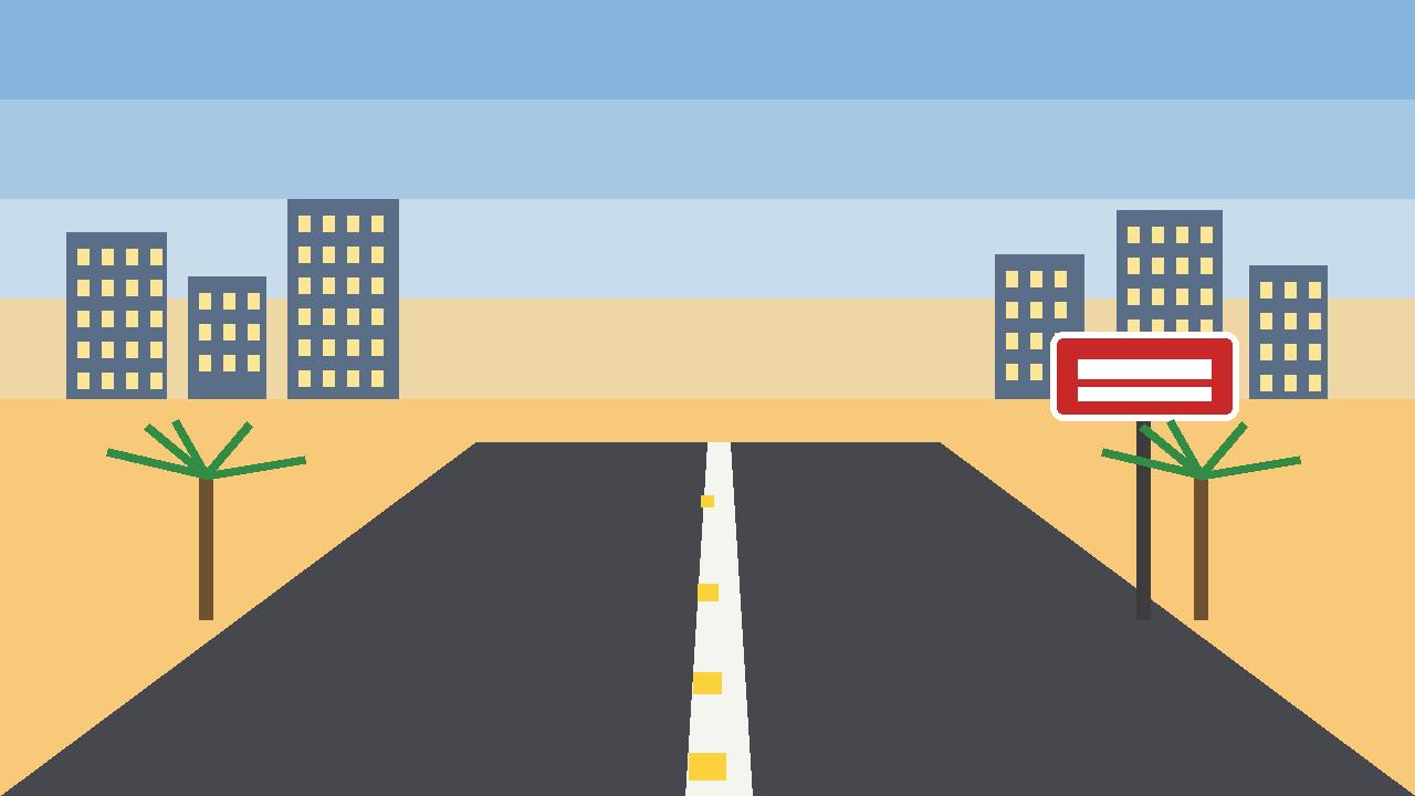 Editorial illustration of a Las Vegas avenue with a wrong-way sign, palm trees and the city skyline in the distance