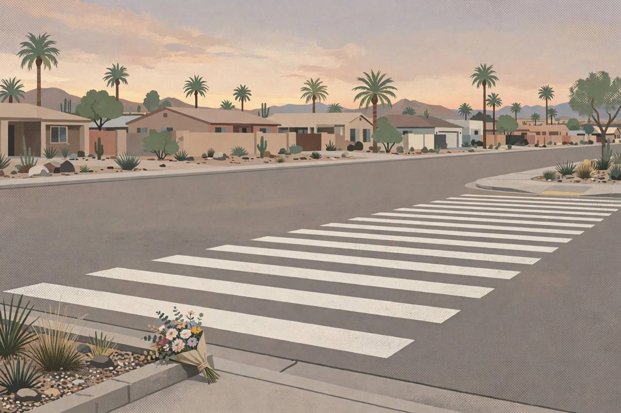 Editorial illustration of an empty marked crosswalk on a quiet Las Vegas residential street at dusk with flowers at the curb
