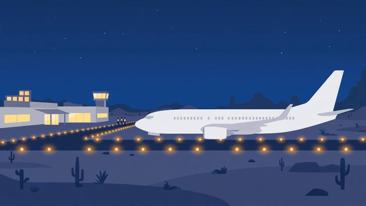 Editorial illustration of a generic passenger jet on a runway at a desert airport at night, flat style, no real person depicted