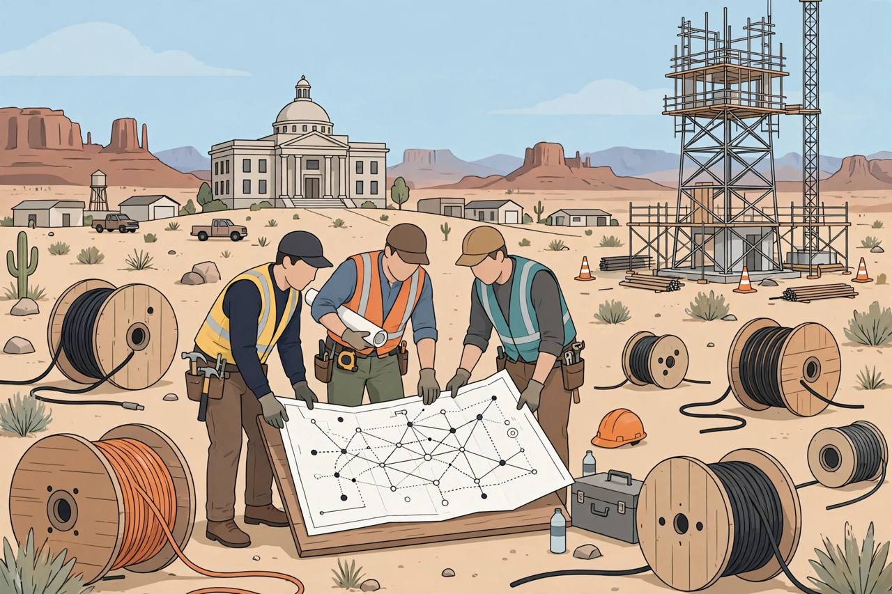 Editorial illustration of a rural Nevada desert town with broadband fibre spools, a half-built internet tower and a generic courthouse, flat style, no real person depicted