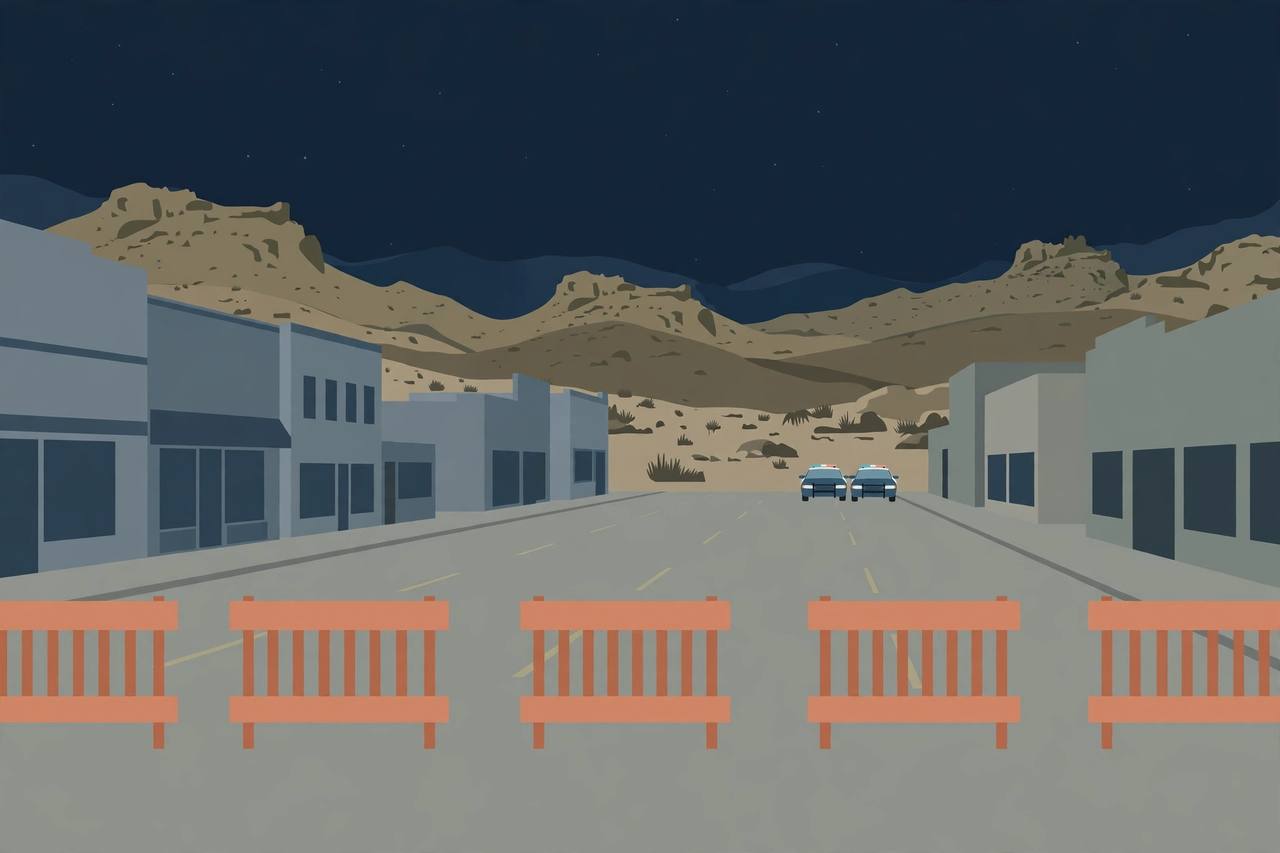 Editorial illustration of a closed city street at night in Reno, Nevada, with traffic barriers and police cars parked at a distance; no incident depicted