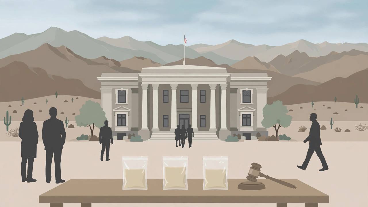 Editorial illustration of a federal courthouse in Reno, Nevada with desert mountains behind it, a judge's gavel and sealed evidence bags in the foreground