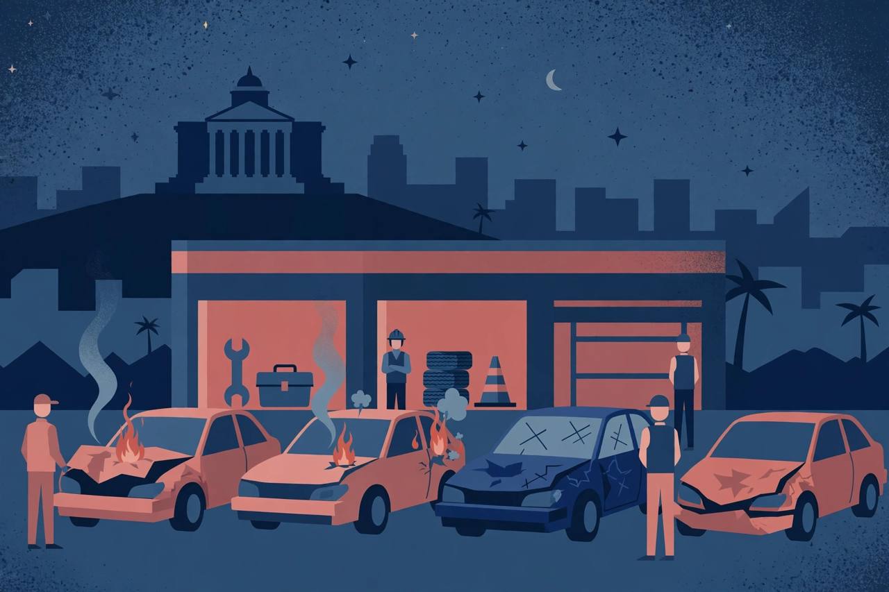 Editorial illustration of a vehicle repair centre at night with damaged electric cars, small flames and smoke, and a courthouse silhouette in the background