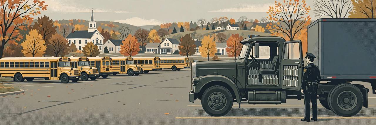 Editorial illustration of a generic tractor-trailer stopped at a school bus parking lot in a small New England town, a police officer beside the open cab door and empty bottles visible inside the cab, flat style, no real people, no text