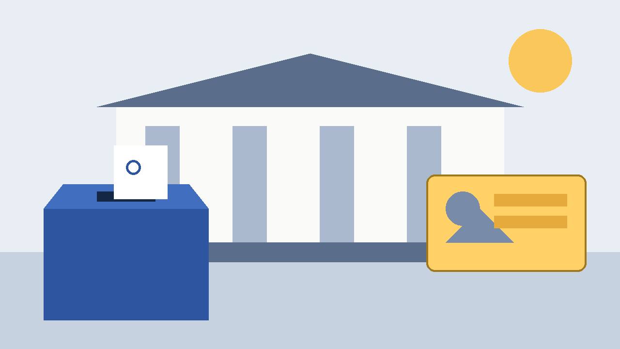 Editorial illustration of a courthouse, a ballot box and a generic student ID card, with no text and no real person's face