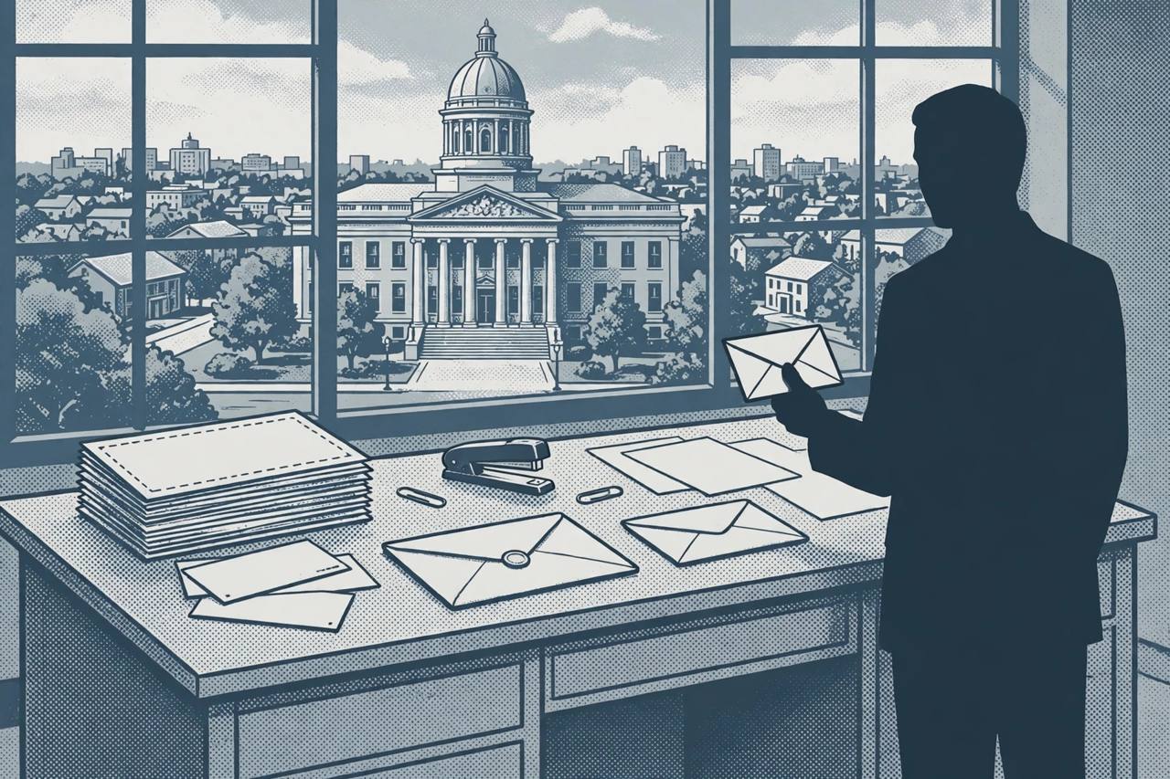 Editorial illustration of a courthouse seen from a pension office desk with generic envelopes and papers, and a generic silhouette holding an envelope