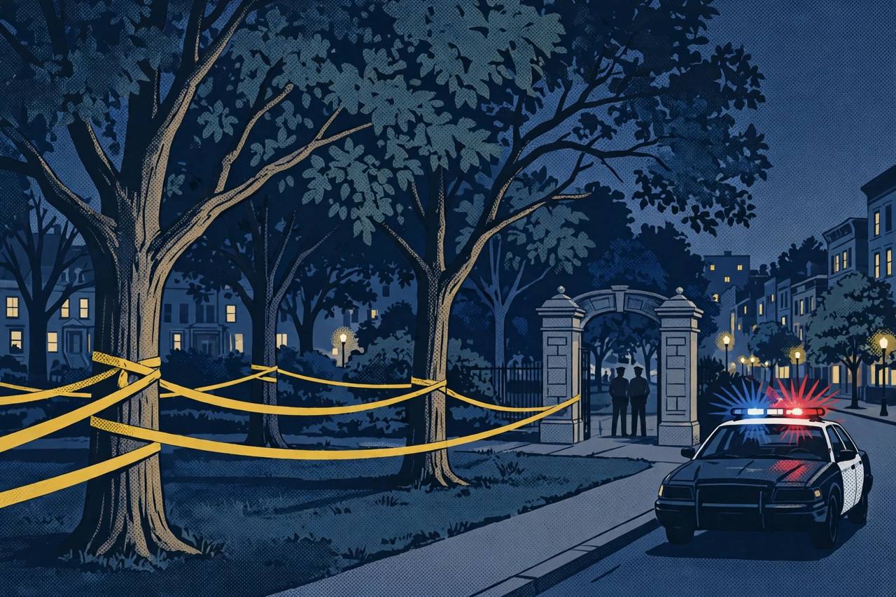Editorial illustration of a nighttime police investigation at a park entrance in New Jersey, flat style, no real person depicted
