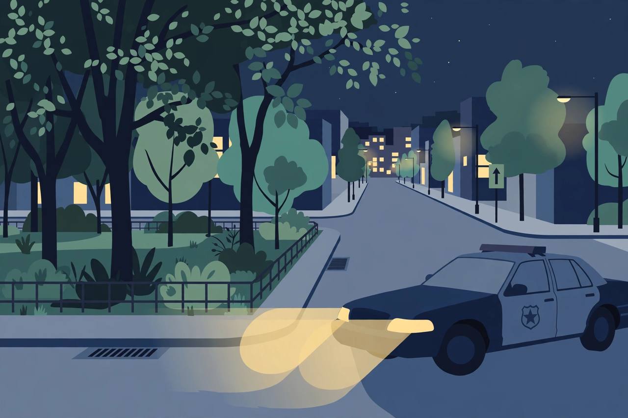 Editorial illustration of a generic New Jersey street corner near a park at night with a parked police car, flat style, no incident or real person depicted