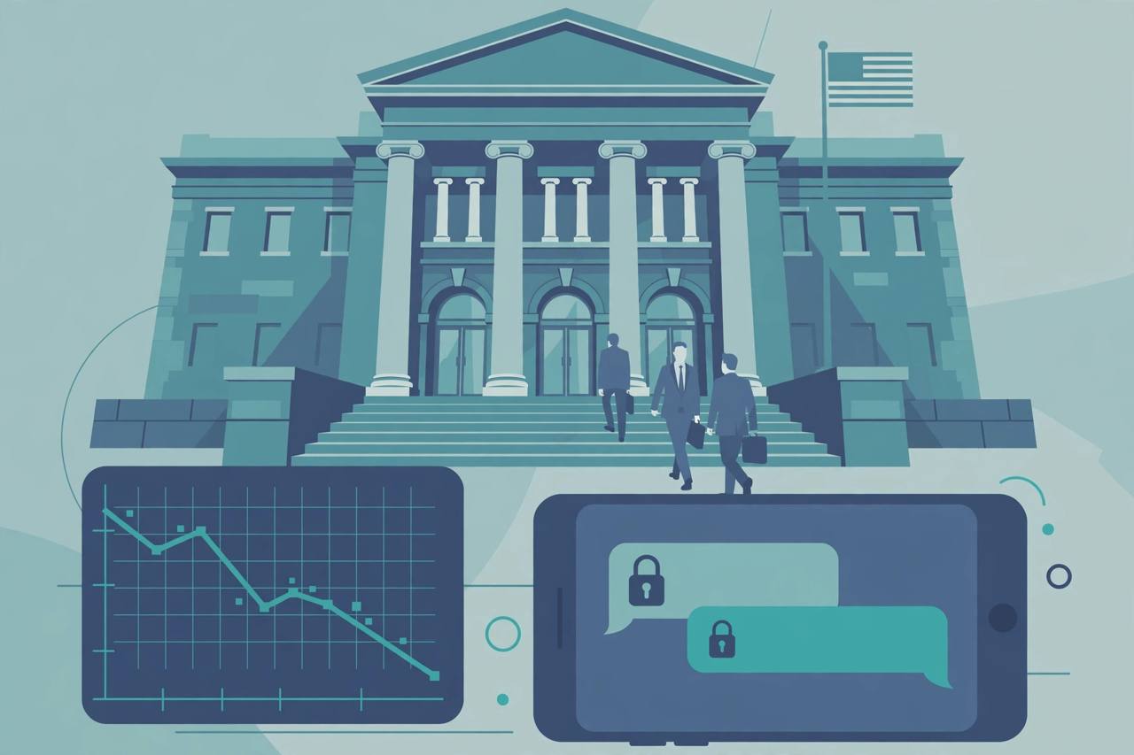 Editorial illustration of a generic federal courthouse with a stock chart and an encrypted-chat phone in the foreground, flat style, generic figures only