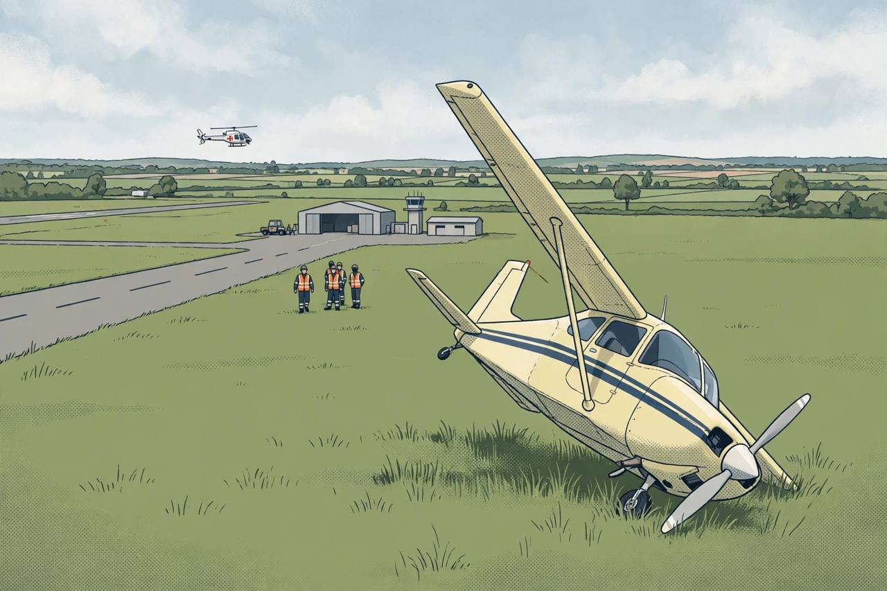 Editorial illustration of a small airplane in an open field near a private airport runway with generic first responders in the distance, flat style, no real person depicted, no injured person shown