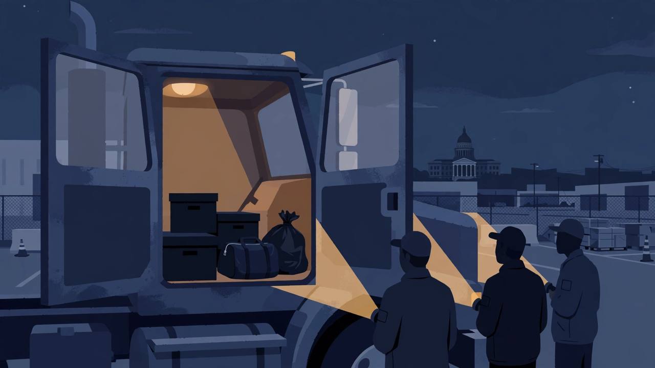 Editorial illustration of an open tractor-trailer cab at night in New Jersey showing black storage boxes, a duffel bag and a bag inside, with generic agents holding flashlights nearby