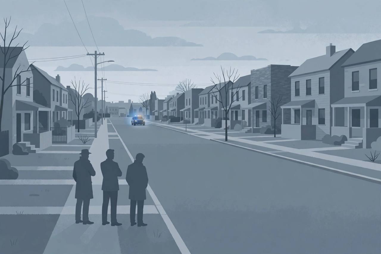 Editorial illustration of a quiet residential street in Camden, New Jersey at dawn with detectives and a distant police vehicle (Editorial illustration)