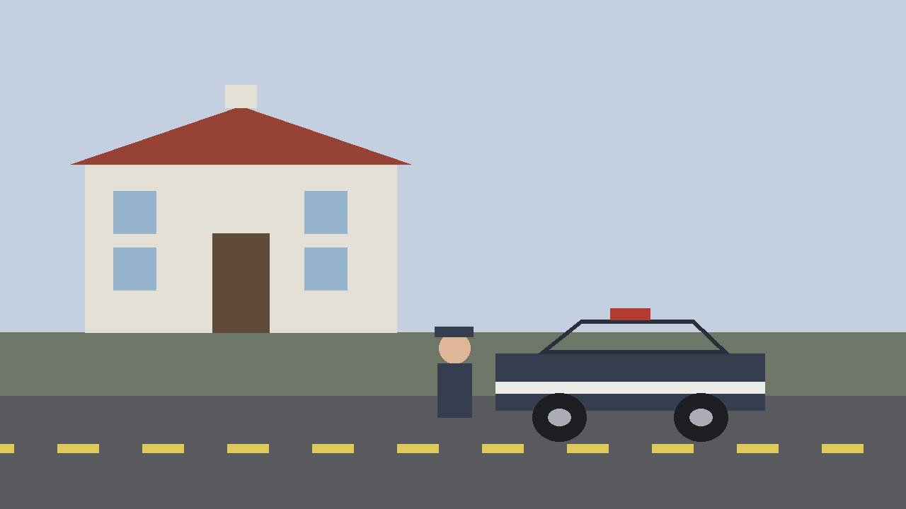 Editorial illustration of a generic courthouse and a patrol car at a roadside stop at dusk, with a faceless generic officer figure, flat style, no real person, no text