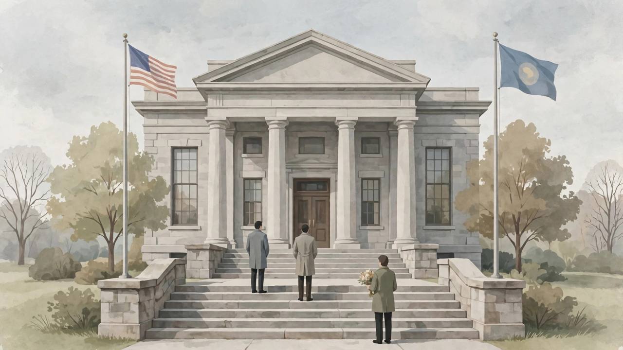 Editorial illustration of generic figures standing quietly on the steps of a county courthouse in New Jersey, one holding flowers, flat style, no real person depicted