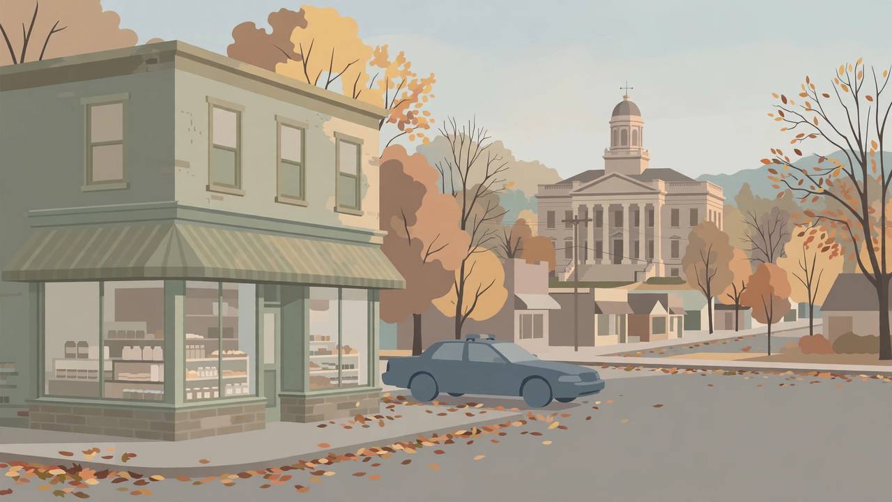 Editorial illustration of a small-town New Jersey main street with a corner delicatessen and a courthouse in the background; no people identifiable