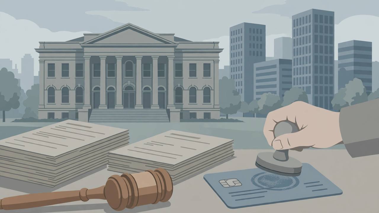 Editorial illustration of a New Jersey courthouse with a gavel, generic medical claim forms and a health card being stamped, and a generic counselling office building behind