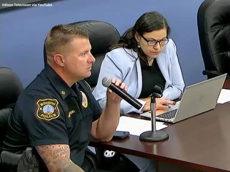 Edison Police Captain Brian Mieczkowski answering residents' questions about Flock cameras at the October 14, 2026 council meeting