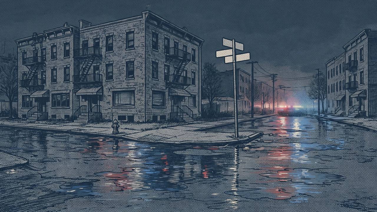 Editorial illustration of a quiet New Jersey city street corner at night with a distant glow of emergency lights on wet pavement, flat style, no people, no text and no real person's face