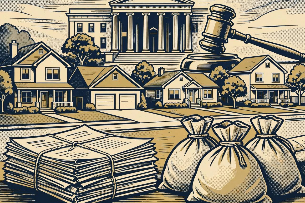 Editorial illustration of generic houses, investment documents and money bags in front of courthouse columns, flat style, no people, no text