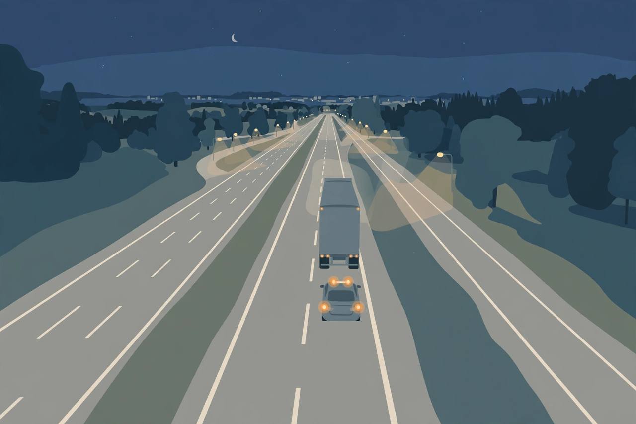 Editorial illustration of a parkway at night with a tractor-trailer stopped behind a stalled car; no crash or people depicted