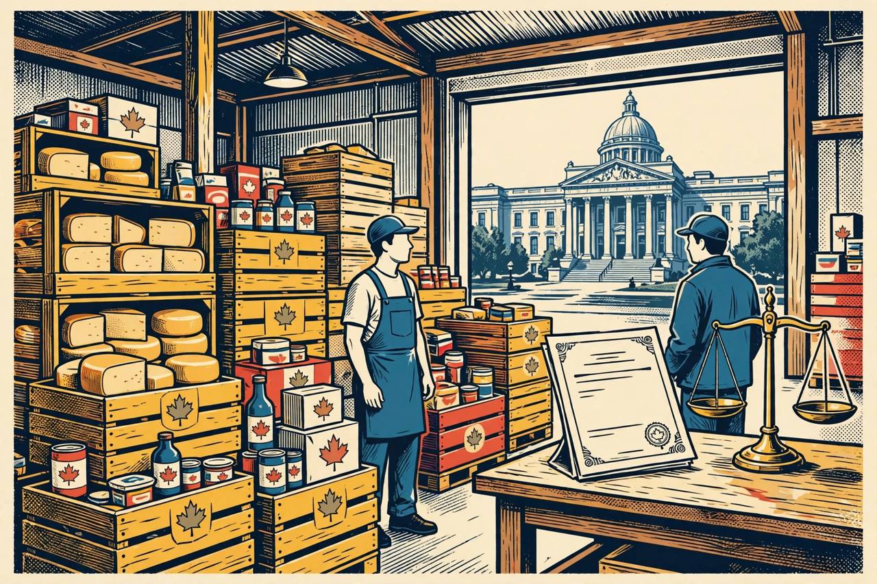 Editorial illustration of a food importer warehouse, courthouse and tariff scales