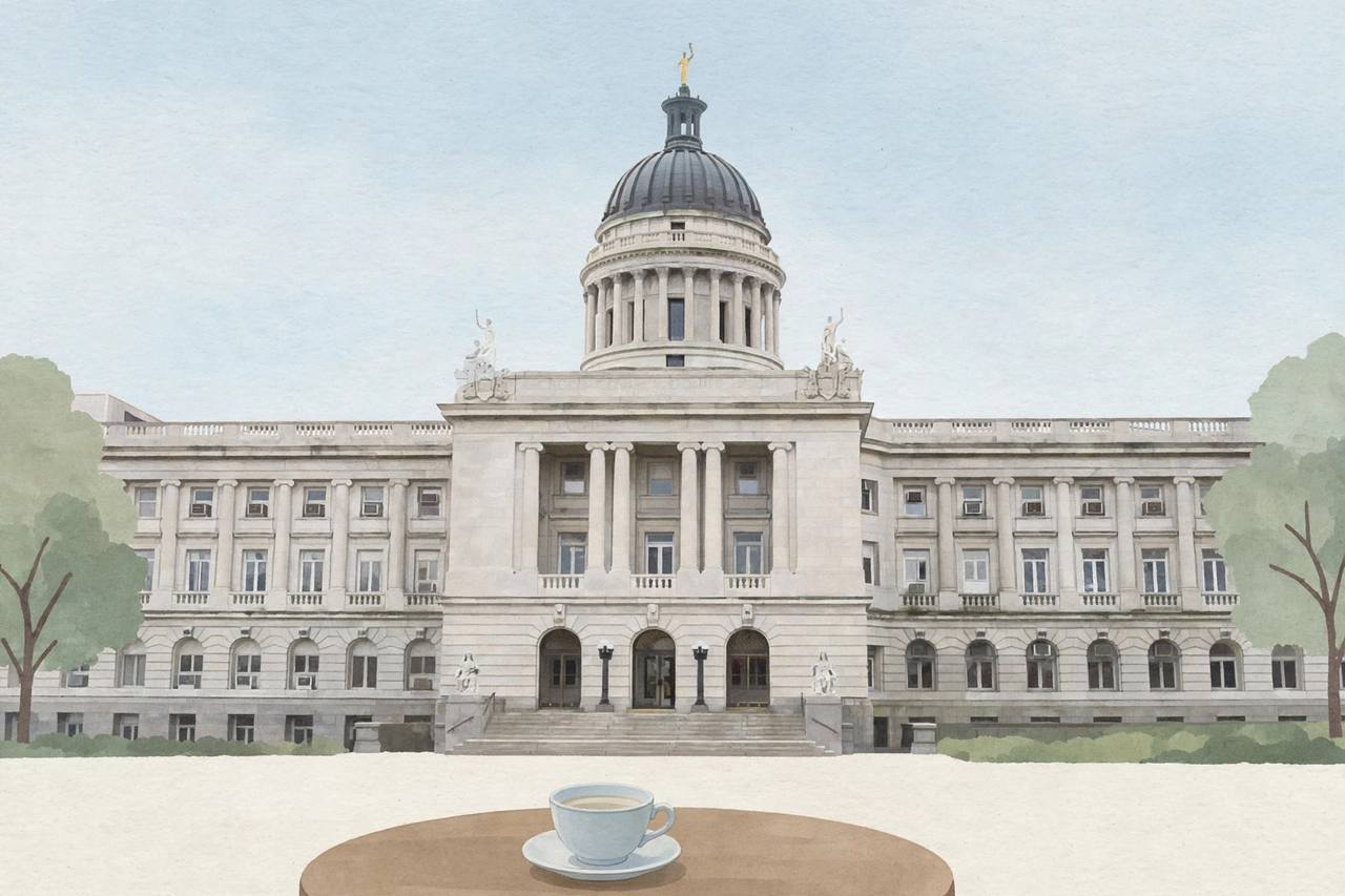 Editorial illustration of a Bergen County courthouse in New Jersey with a restaurant table and a teacup in the foreground