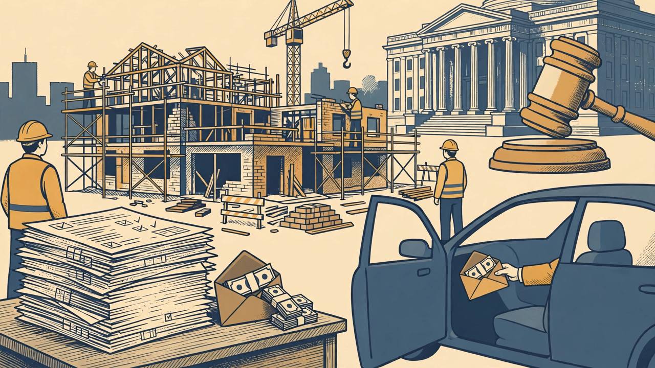 Editorial illustration of a New Jersey school construction site with exaggerated overtime timesheets and an envelope of cash left in an unlocked vehicle