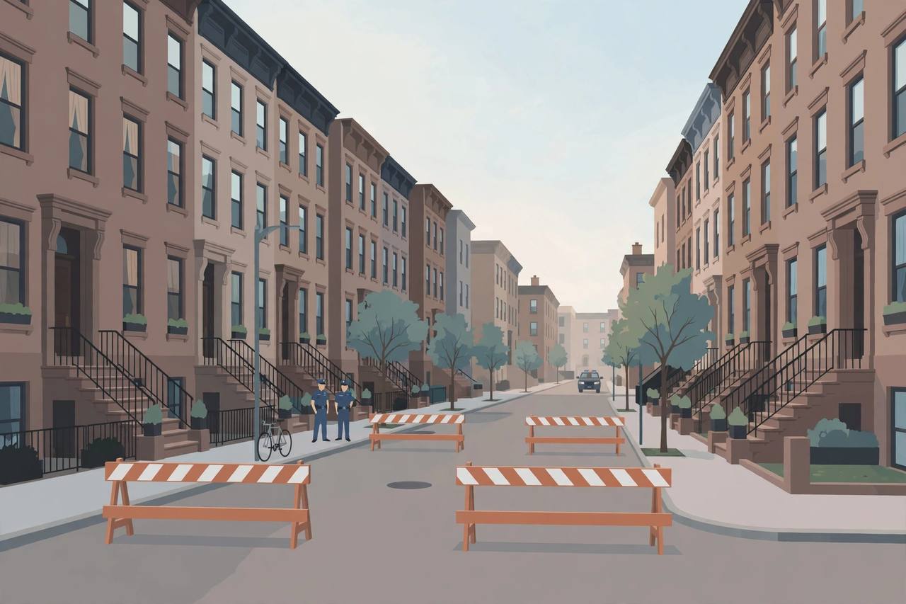 Editorial illustration of a residential street of brownstone homes in Hoboken, New Jersey, with a distant police presence