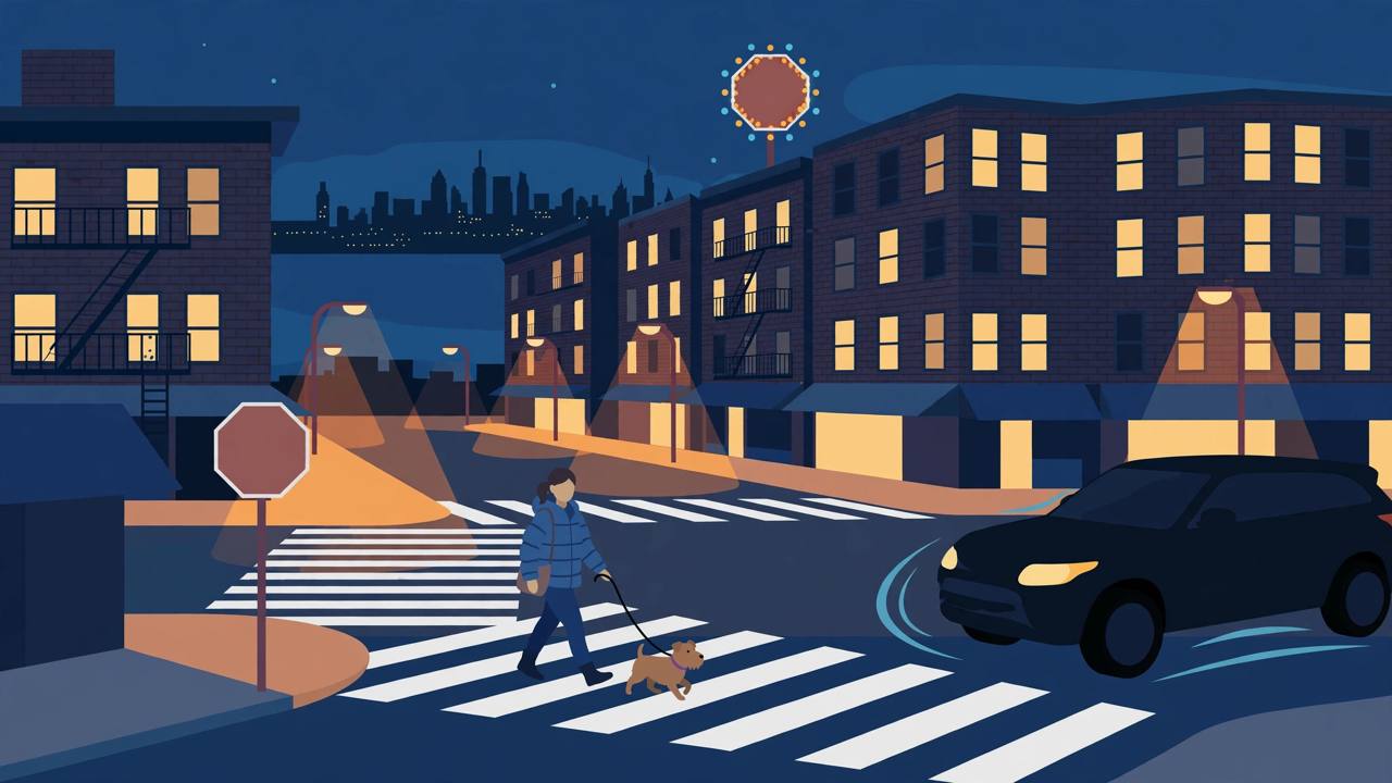 Editorial illustration of a nighttime city intersection with a crosswalk, a pedestrian with a small dog and a dark SUV turning at a stop sign