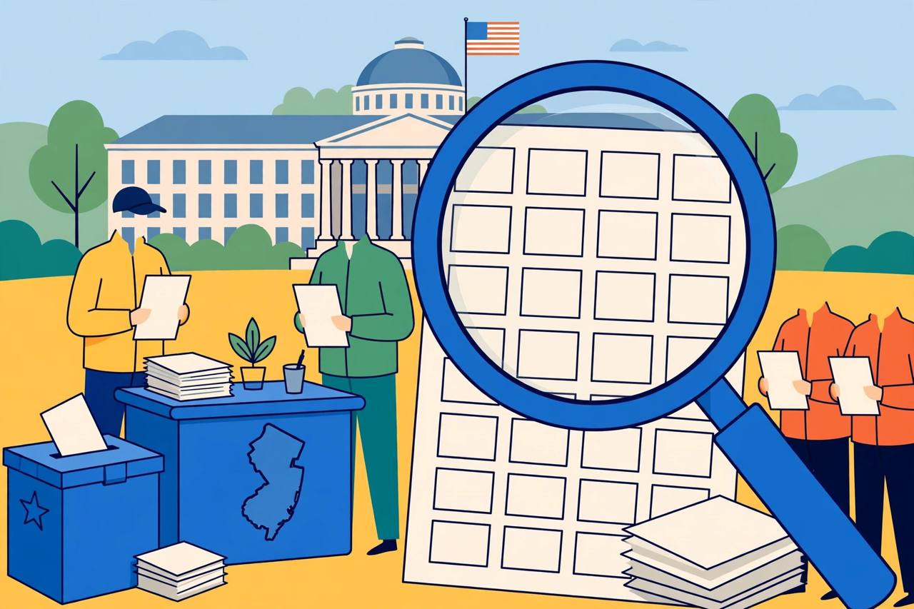 Editorial illustration of a generic voter registration desk, a ballot box and a magnifying glass over a blank voter roll in New Jersey, flat style, no text, no real person or place depicted