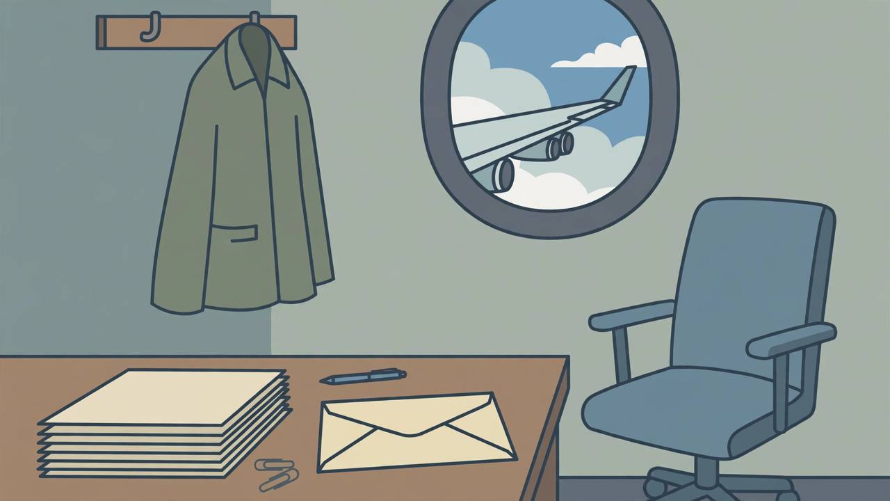 Editorial illustration of an empty county parks office desk with blank timesheets, a pay envelope and an unused work uniform on a hook; generic shapes only, no real person's face, no readable text