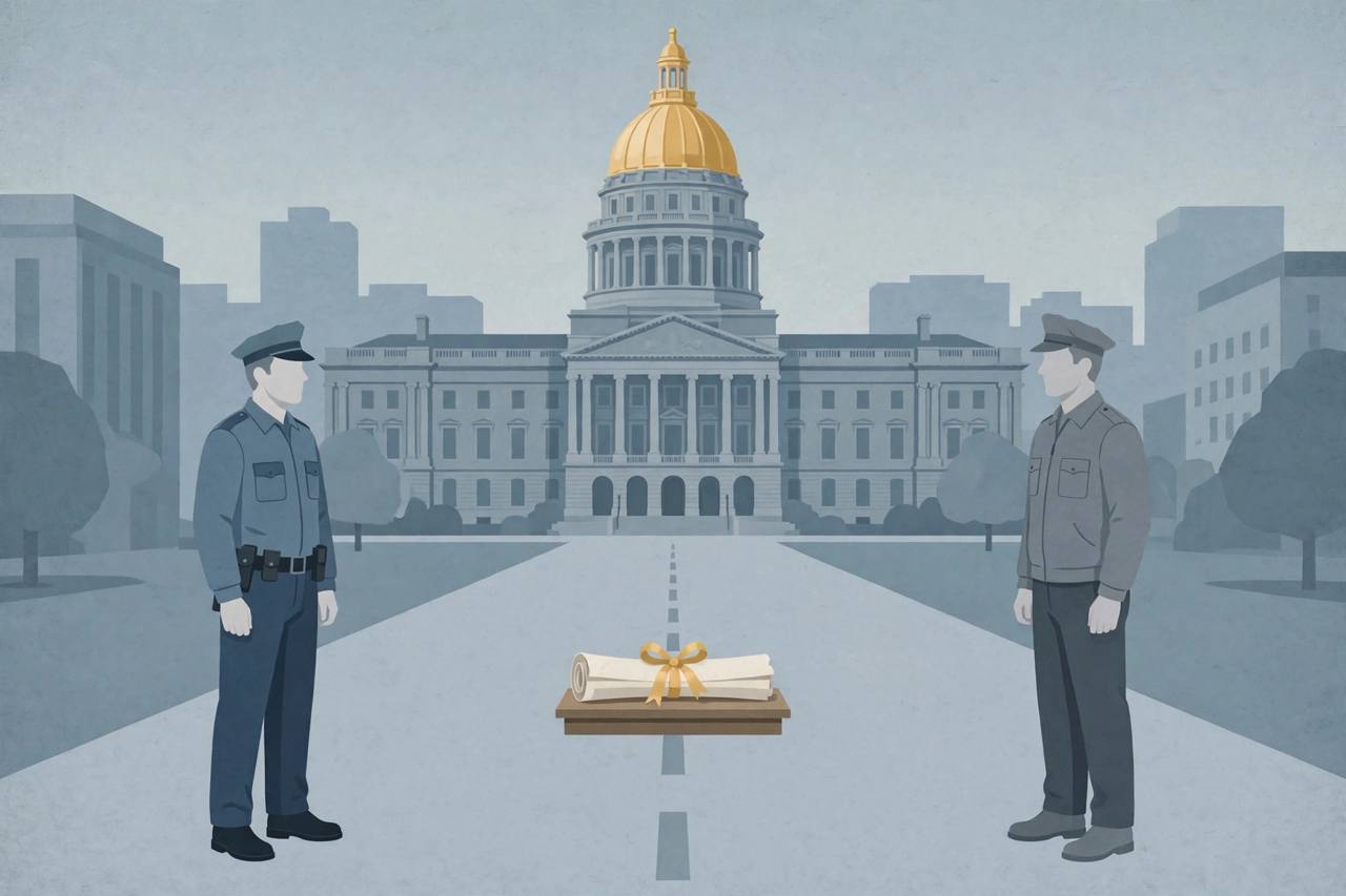 Editorial illustration of two generic uniformed officers standing on opposite sides of a dashed line in front of a gold-domed state capitol, with a rolled legislative document between them