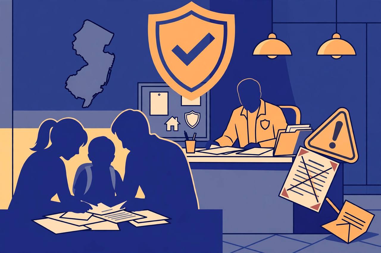 Editorial illustration of a generic family reviewing paperwork at a consumer-protection desk under a shield symbol, flat style, no real person depicted