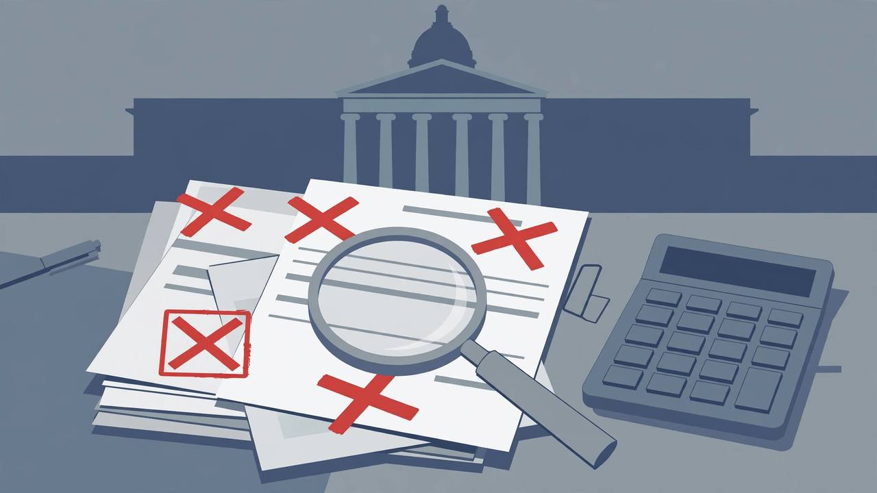 Editorial illustration of business invoices marked with red X stamps under a magnifying glass, with a calculator and a courthouse in the background