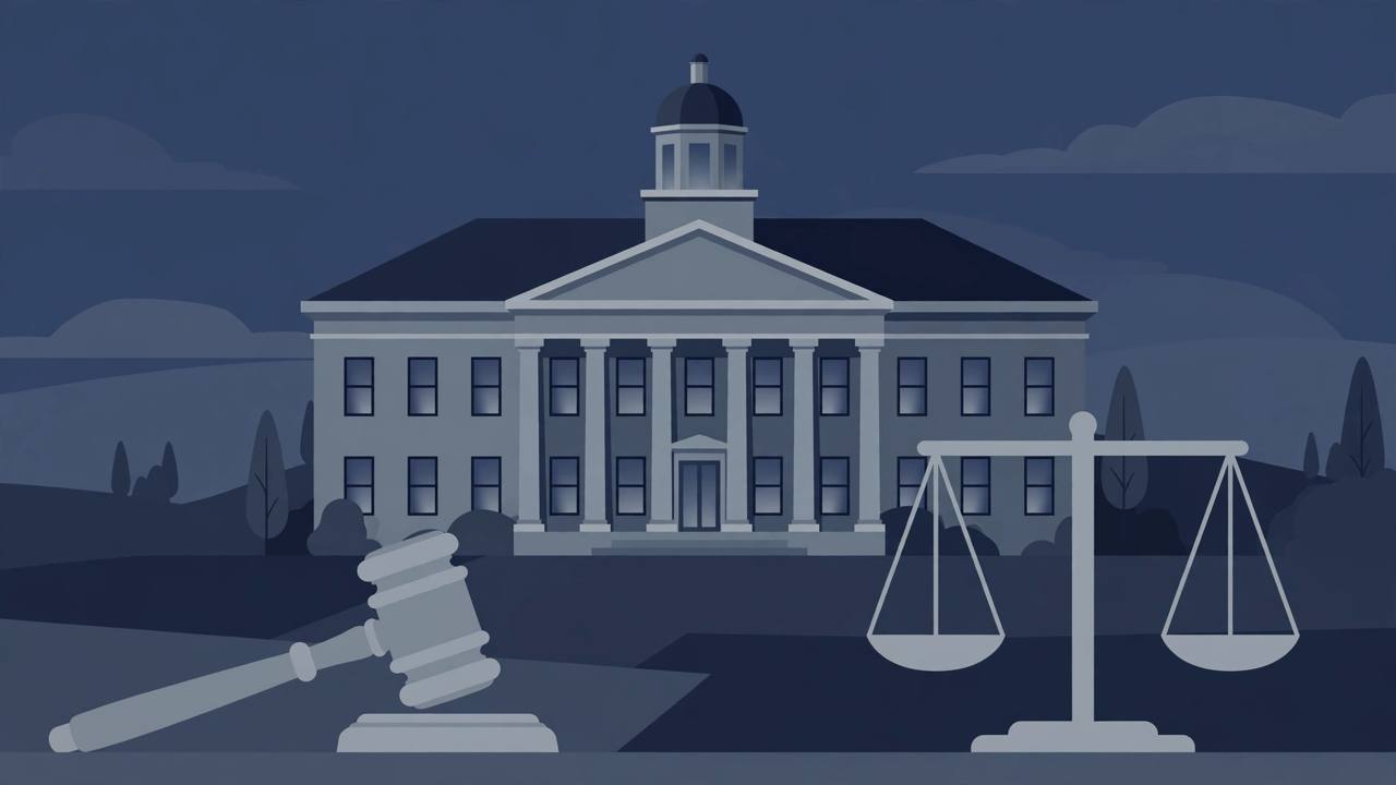 Editorial illustration of a generic New Jersey county courthouse at dusk with a gavel and scales of justice in the foreground