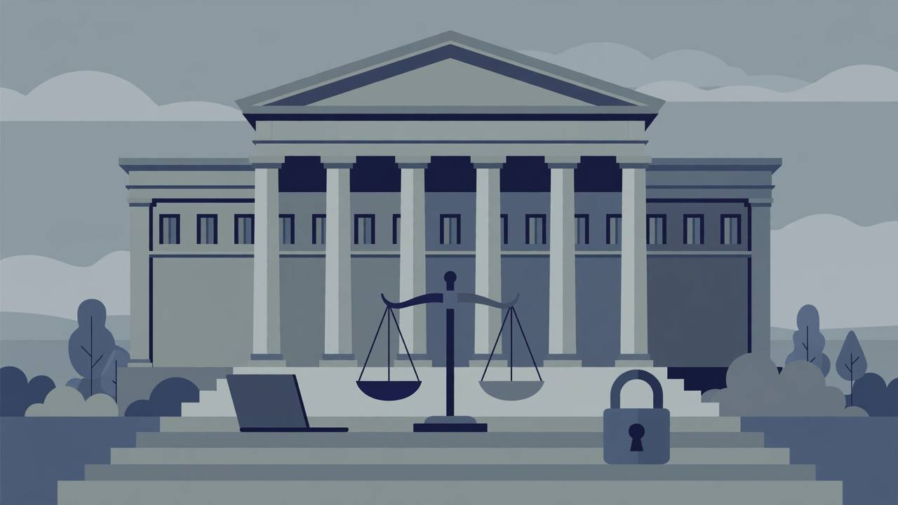 Editorial illustration of a neutral federal courthouse with tall columns and scales of justice, with a closed laptop and padlock on the steps