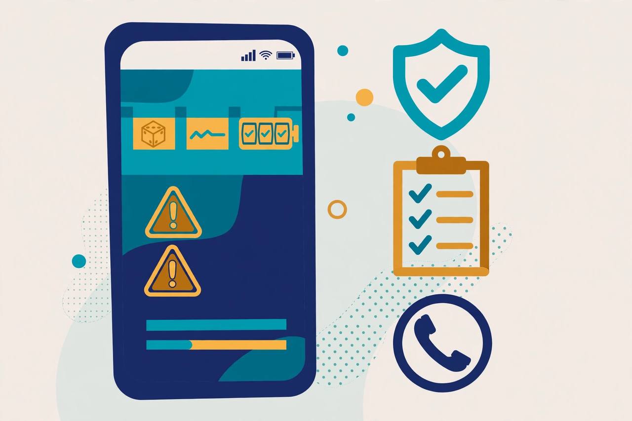 Editorial illustration of a generic smartphone with abstract betting interface, warning symbols, shield and checklist, flat style, no real person depicted
