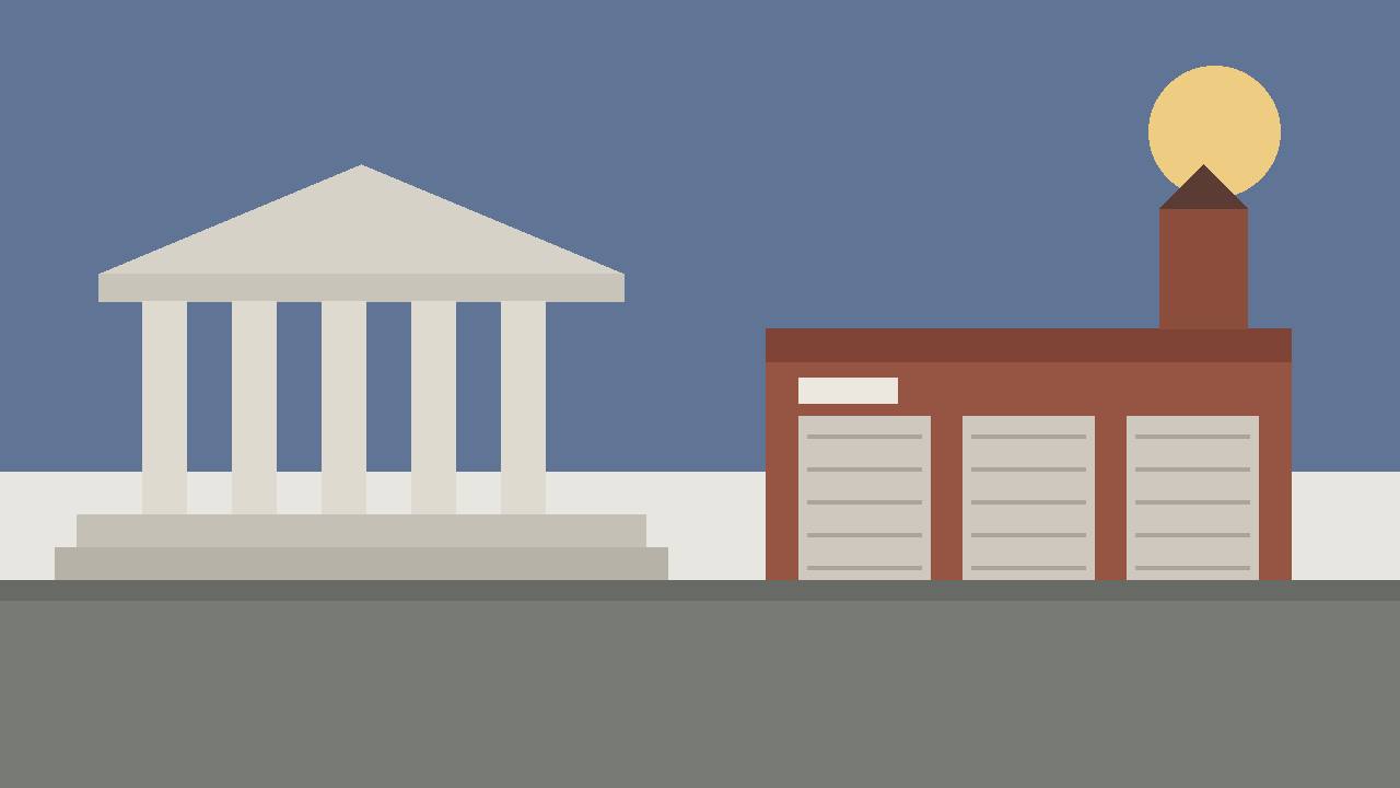 Editorial illustration of a courthouse and a plain fire station at dusk, flat style, no people and no lettering — a neutral institutional scene