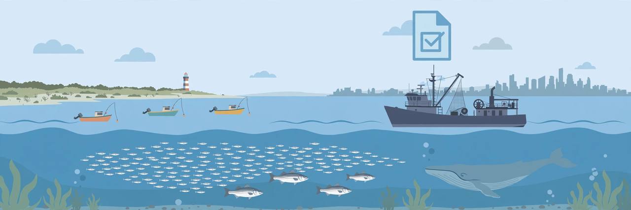 Editorial illustration of recreational fishing boats, an industrial fishing vessel, a school of small fish and striped bass off the New Jersey-New York coast, flat style, no real person depicted