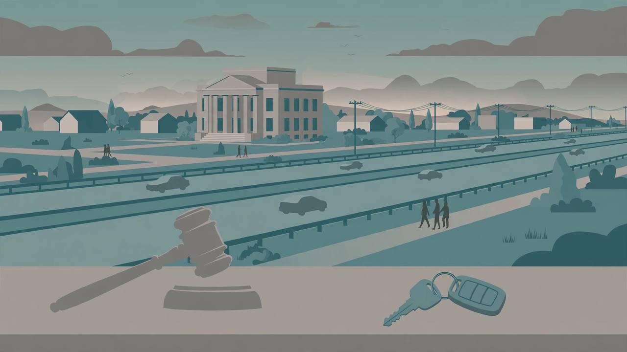 Editorial illustration of a generic New Jersey suburban highway at dusk with a courthouse in the background and a gavel and car keys on a desk in the foreground, generic faceless figures, flat style, no crash depicted, no real person, no text