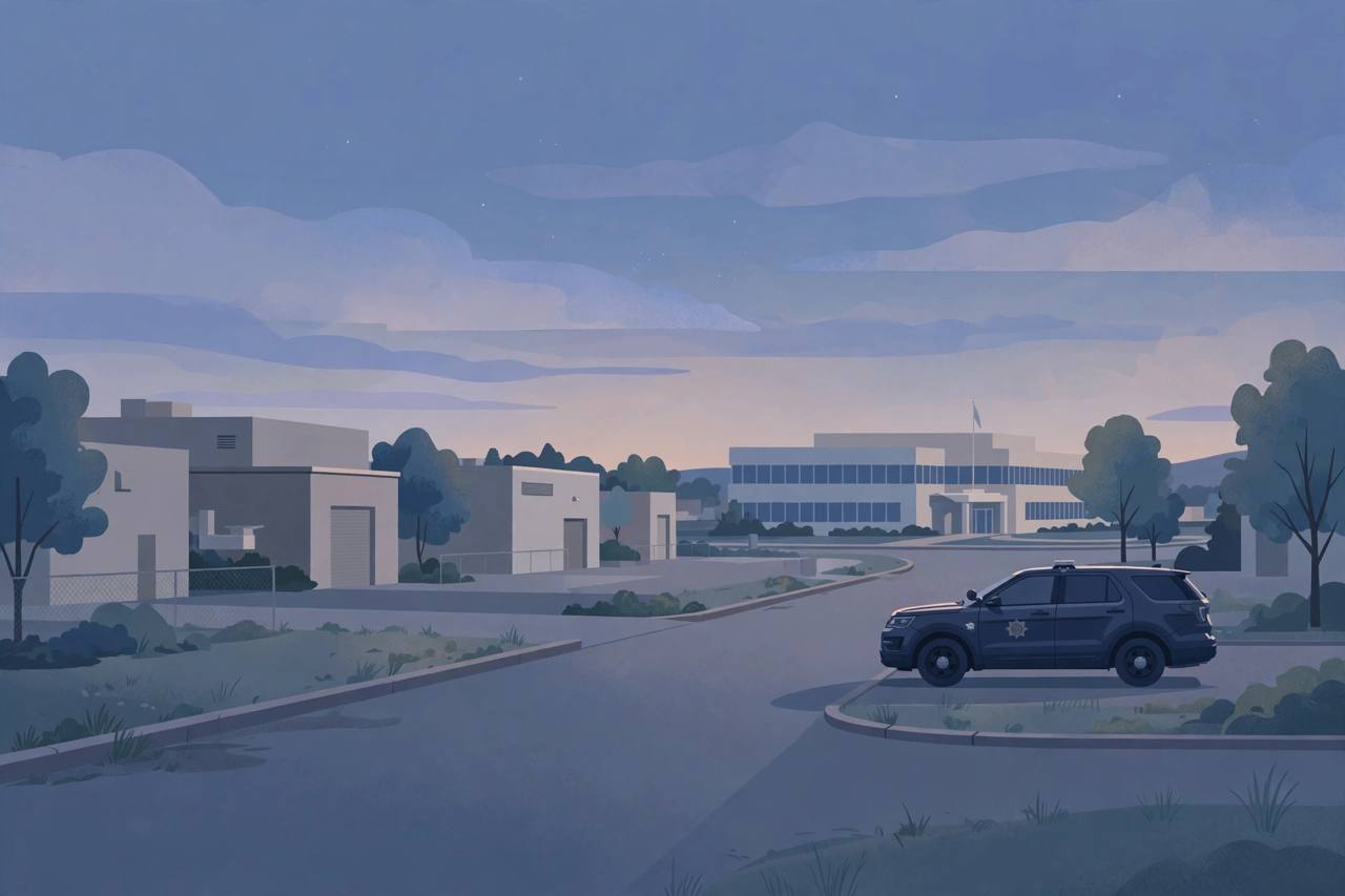 Editorial illustration of a quiet New Jersey industrial park road at dusk with warehouse buildings and a parked state police vehicle