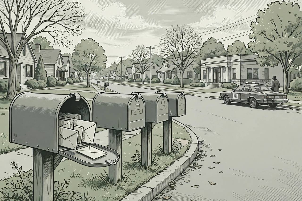 Editorial illustration of a New Jersey suburban street with residential mailboxes in the foreground and a bank building in the background