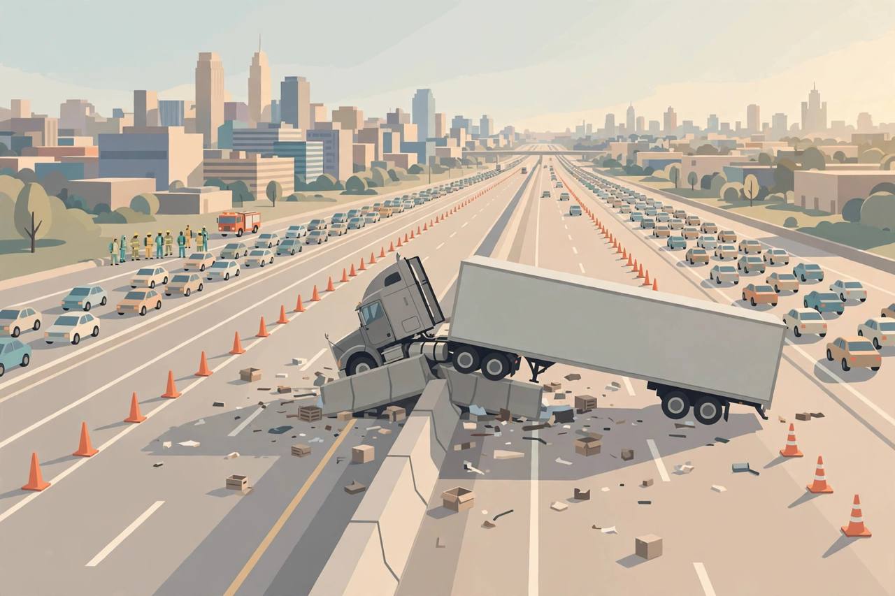 Editorial illustration of a tractor-trailer stopped against a concrete interstate median barrier with firefighters, hazmat crews and closed lanes in Newark, New Jersey