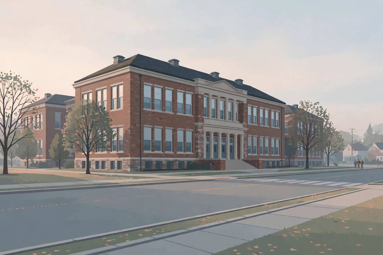 Editorial illustration: a large American public high school building in northern New Jersey in morning light with an empty sidewalk — generic figures only at a distance, no real person's likeness, no confrontation depicted