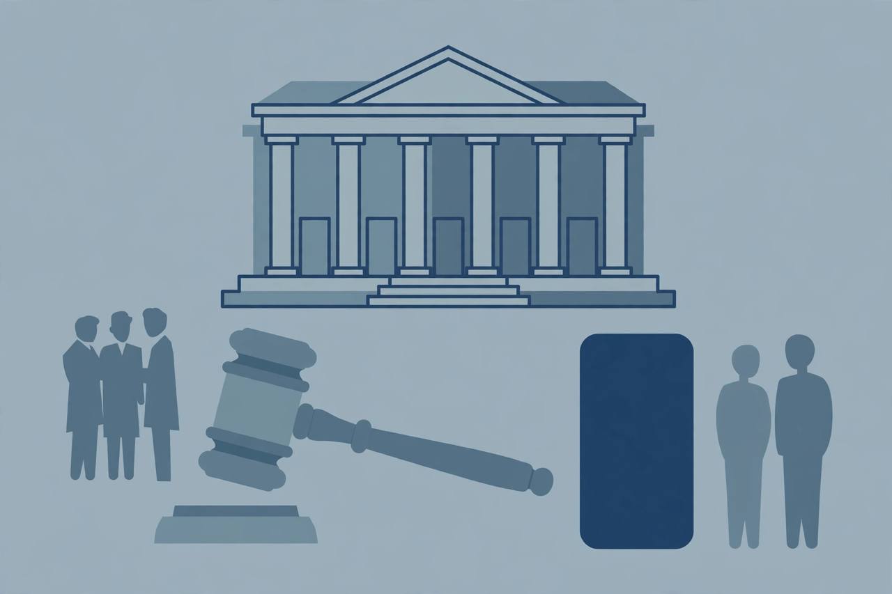 Editorial illustration of a courthouse, a gavel and a smartphone, flat style, generic figures only, no real person depicted