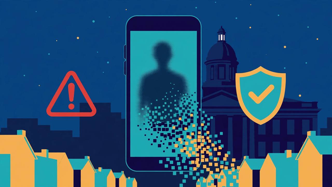 Editorial illustration of a smartphone showing a generic silhouette dissolving into pixels, with a warning sign, a shield and a courthouse behind small-town rooftops
